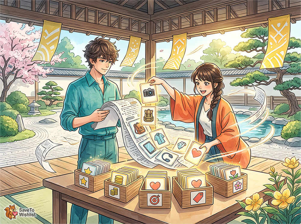 woocommerce-customer-segmentation-filler-01 - SaveTo Wishlist Man and woman in a Japanese-style garden stand at a wooden table, guiding a stream of floating icons into labeled boxes on the table.
