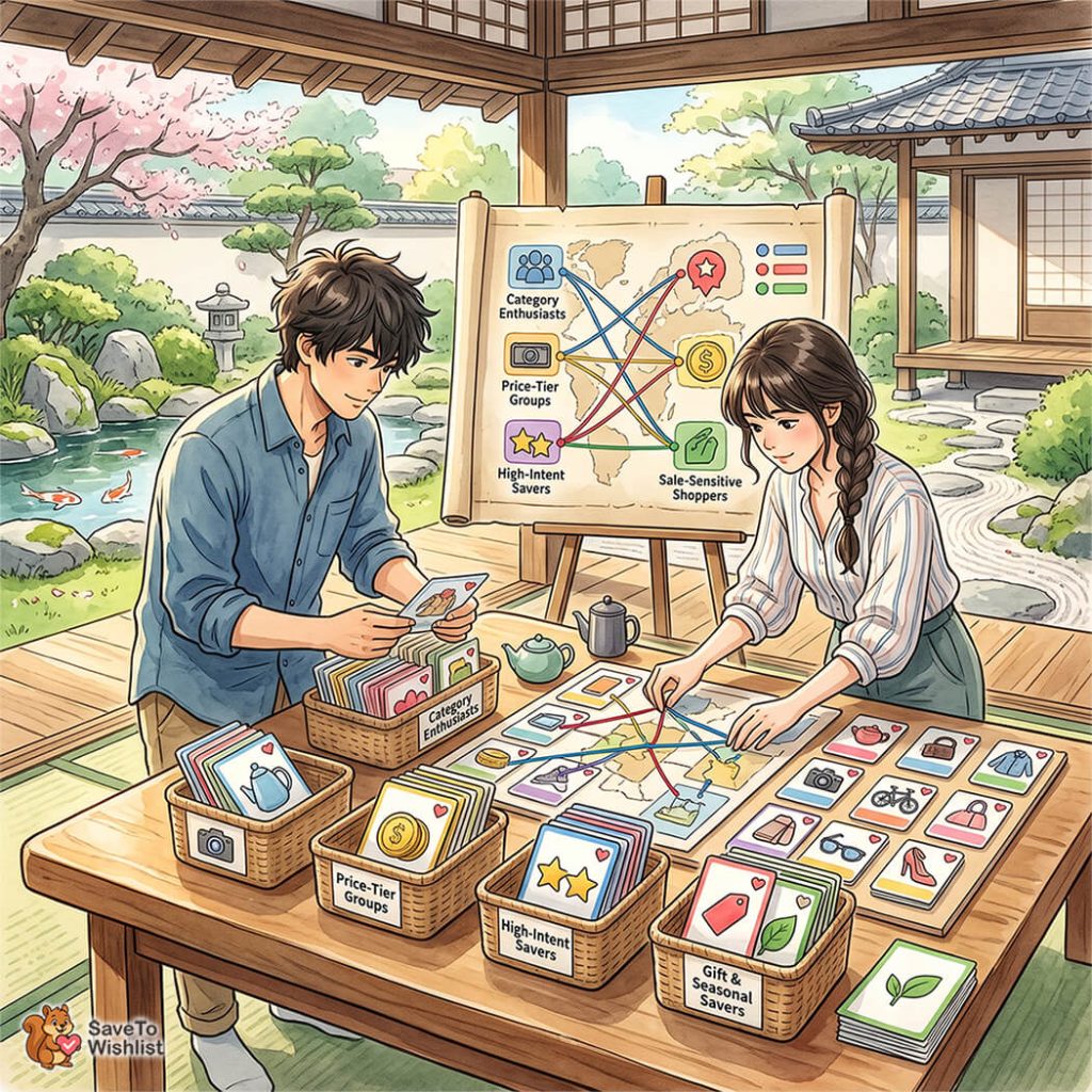 woocommerce-customer-segmentation-filler-02 - SaveTo Wishlist Two people study colorful cards at a garden-themed outdoor planning table, using a board with shopper categories and connections to map strategies.