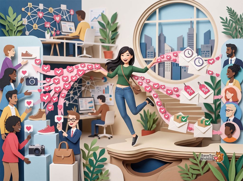Central woman jumps with arms spread as hearts, likes, and messages flow from a busy office scene, symbolizing social engagement and popularity.