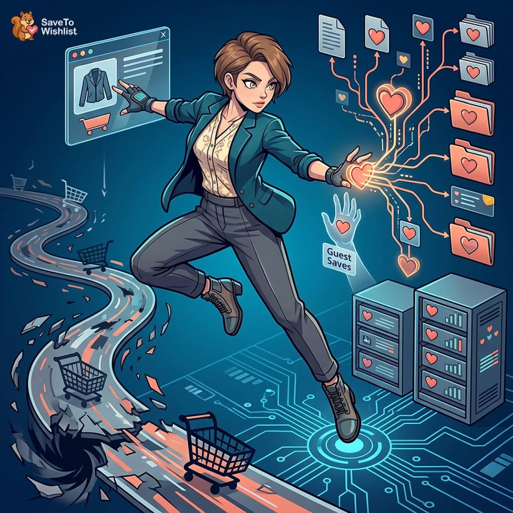 woocommerce-fast-cart-wishlist-integration-filler - SaveTo Wishlist Illustration of a shopper leaping away from a collapsing road of abandoned shopping carts onto solid ground, where saved products are filed into wishlists for guests and account holders