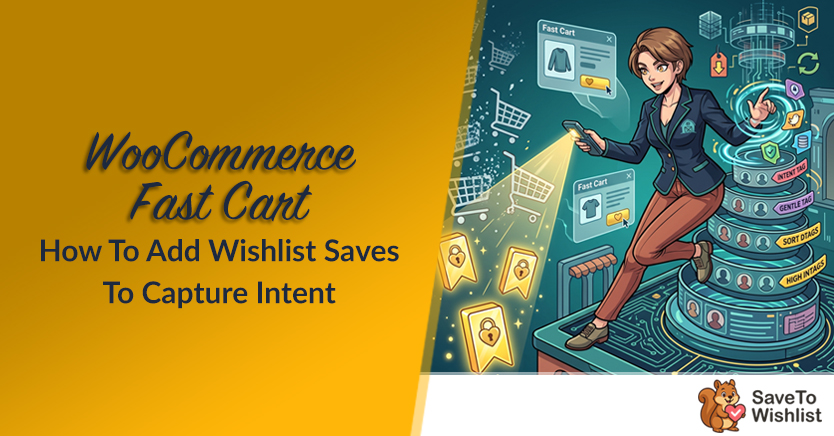 Banner for WooCommerce Fast Cart guide: How To Add Wishlist Saves To Capture Intent; features a businesswoman near a futuristic cart, SaveToWishlist logo.