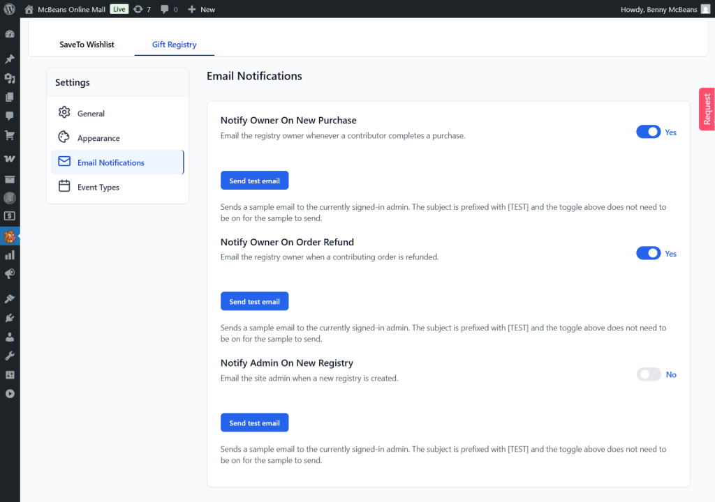 WordPress admin Email Notifications settings page with toggles for owner and admin emails and Send test email buttons on the right panel.