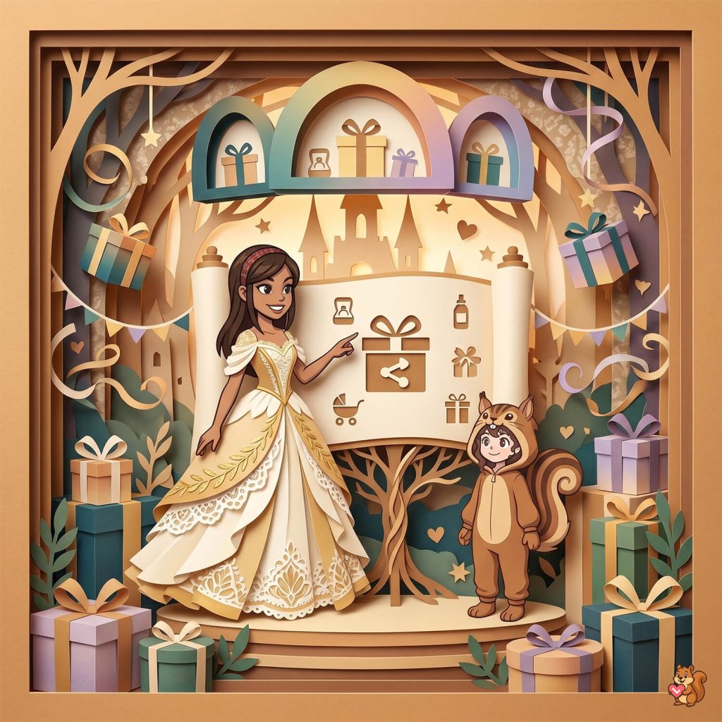 Princess in a cream gown points to a parchment scroll filled with gift icons, set in a whimsical woodland stage with a distant castle and presents everywhere.