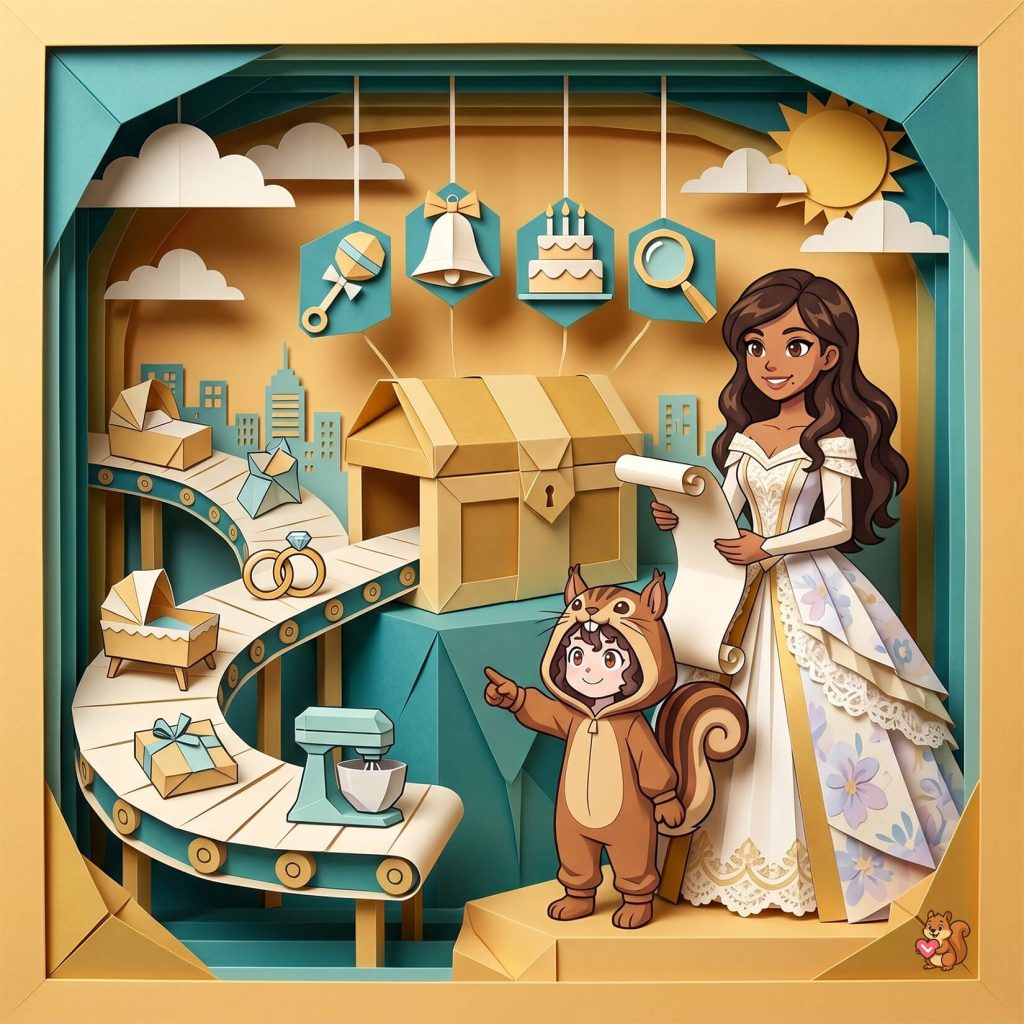Papercut-style diorama with a princess and animal friend beside a treasure chest and gifts in teal and gold hues.