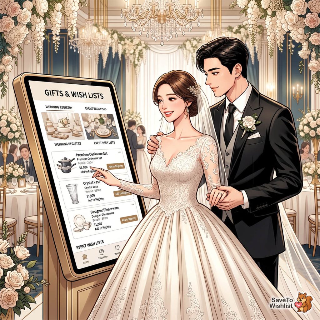 woocommerce-gift-registry-wishlist-wedding - SaveTo Wishlist A newlywed couple stands smiling in an elegant, flower-filled ballroom as they add items to their digital wedding registry on a touchscreen kiosk.