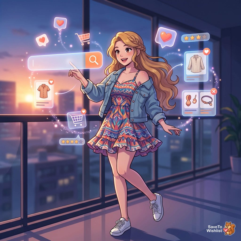 woocommerce-live-search-wishlist-filler-1 - SaveTo Wishlist Young woman wearing a patterned dress and denim jacket interacts with floating online shopping cards and icons in a sunset cityscape backdrop.