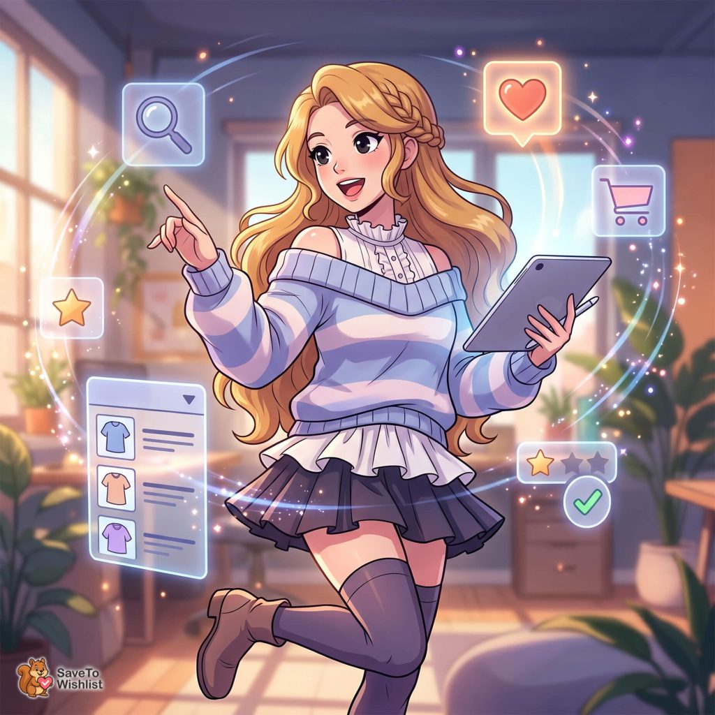 woocommerce-live-search-wishlist-filler-2 - SaveTo Wishlist Illustrated shopper holding a tablet, surrounded by magnifying glass, heart and shopping cart icons