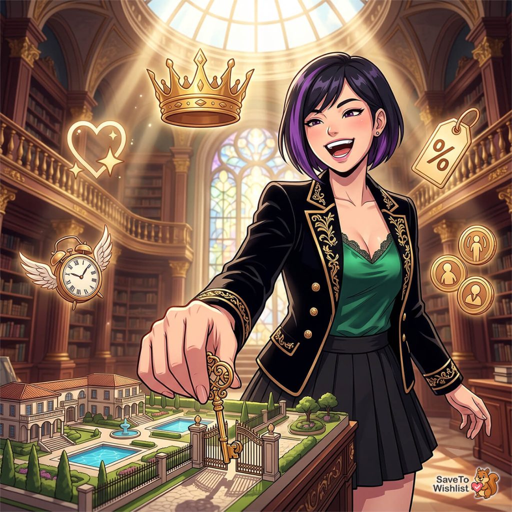 Open-illustration of a smiling woman with purple-tinted hair in a ornate black and gold blazer, placing a key on a miniature mansion on a tabletop in a grand library.