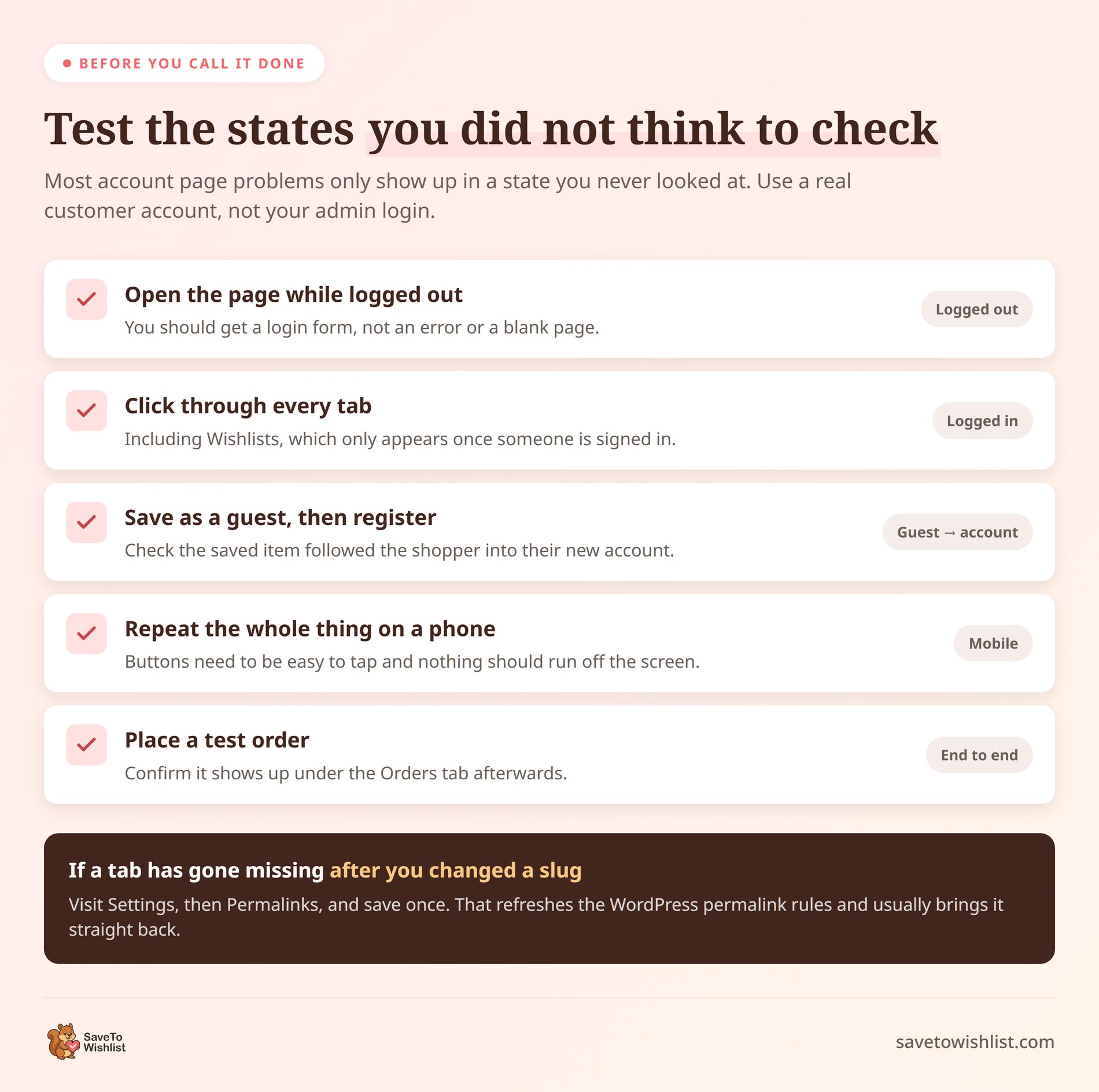 woocommerce-my-account-page-test-checklist - SaveTo Wishlist Checklist di cinque stati da testare nella pagina Account Cliente di WooCommerce, inclusi utente non connesso, mobile e ospite su account