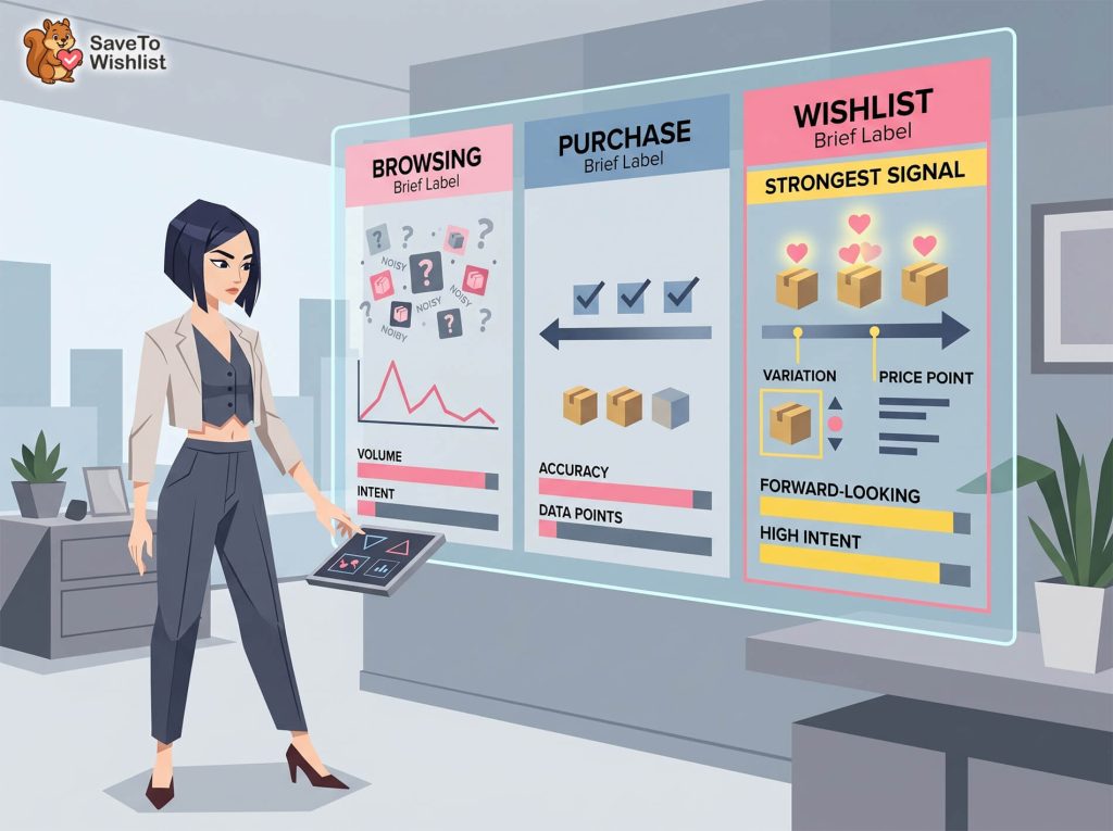 A professional woman uses a tablet to interact with a futuristic transparent dashboard showing  WooCommerce personalization signals including browsing, purchase, and wishlist analytics data with charts.