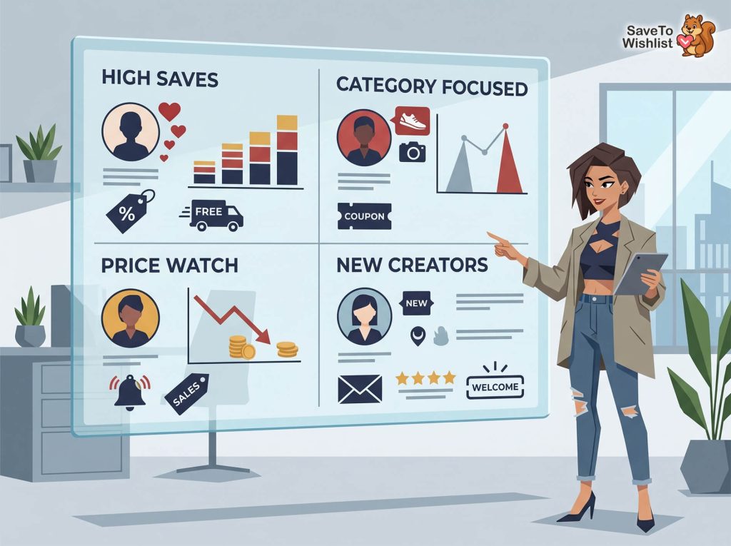 A stylish woman presenter points to a large glass dashboard displaying marketing segments—High Saves, Category Focused, Price Watch, and New Creators—in a bright office.
