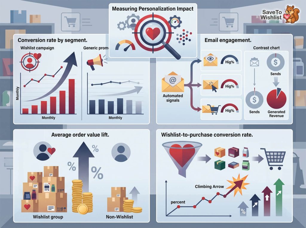 Infographic showing ecommerce personalization impact on e-commerce: wishlist-driven conversion and revenue growth through automated emails, higher average order value, and rising purchase rates.