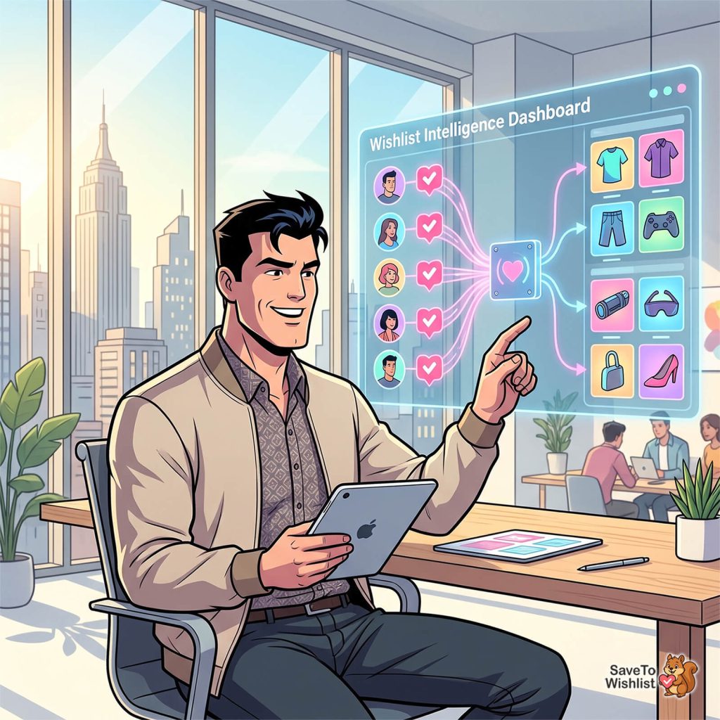Man in a business shirt and blazer sits at a desk, using a tablet while a glass dashboard shows a Wishlist Intelligence interface with user avatars, check marks, and product icons.
