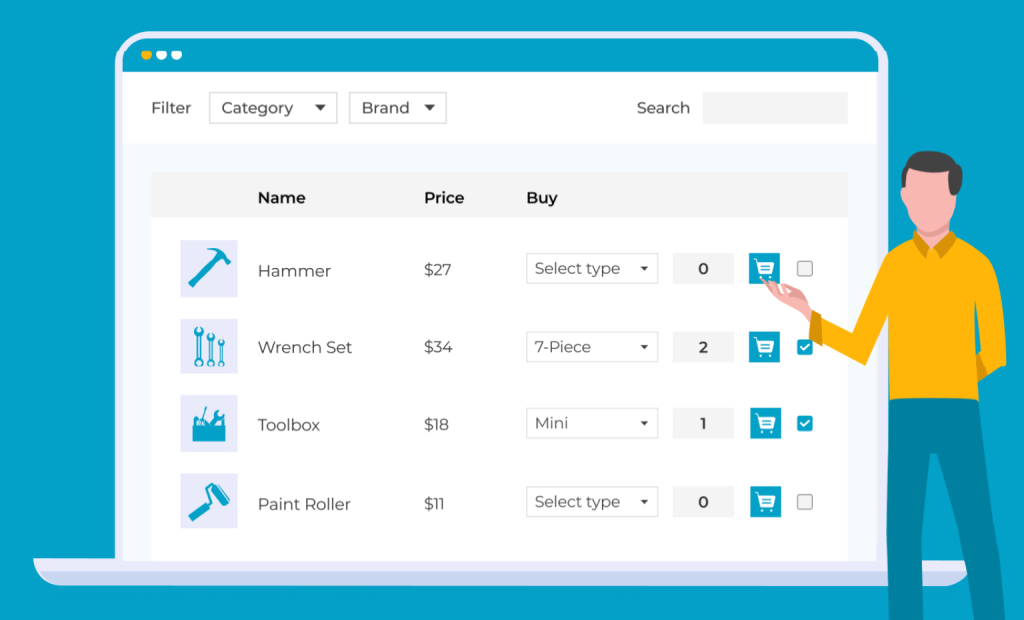 woocommerce-product-table-saveto-wishlist-integration-table - SaveTo Wishlist Laptop screen showing a product list with icons, prices, quantity selectors, and a cart button; person gestures toward cart.