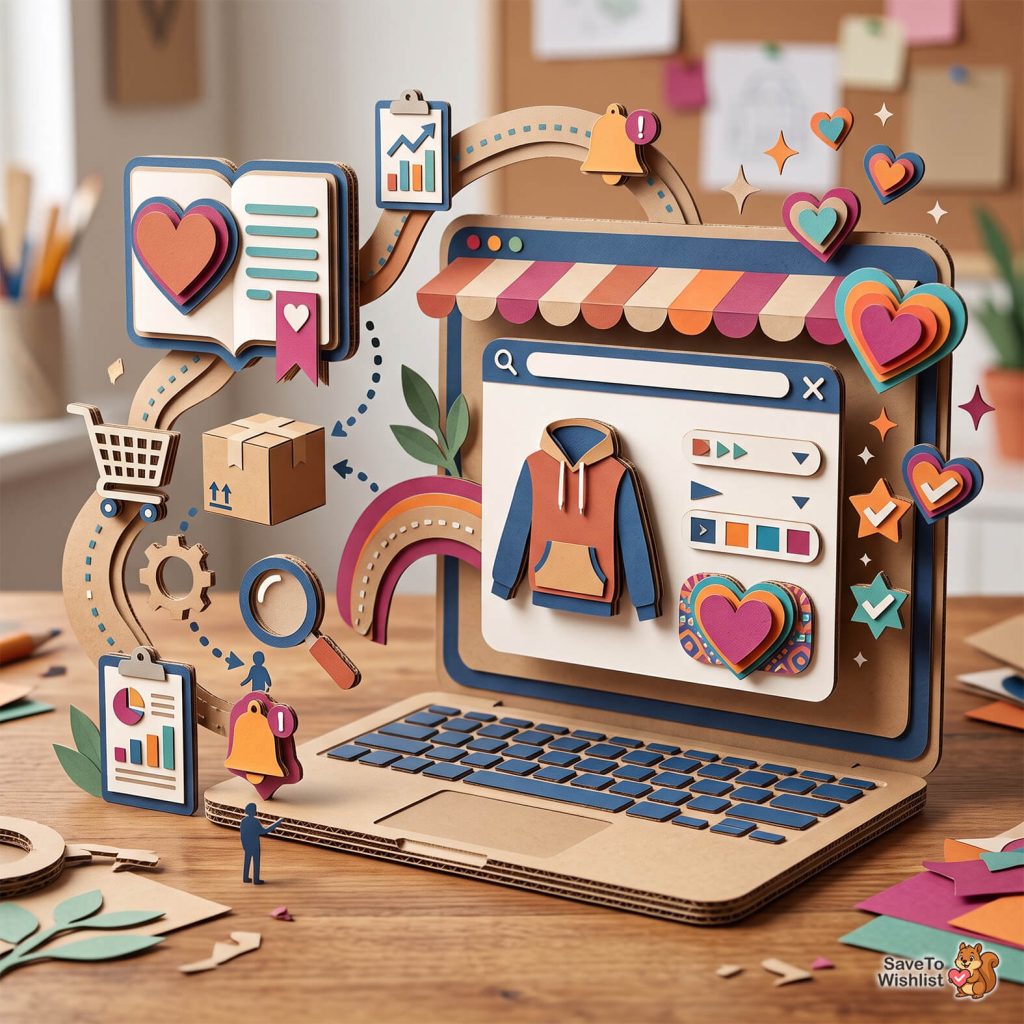 Paper-craft illustration of a laptop showing a WooCommerce quick view window with a hoodie, product options, and a heart-shaped wishlist button, surrounded by a shopping cart, product box, and notification icons