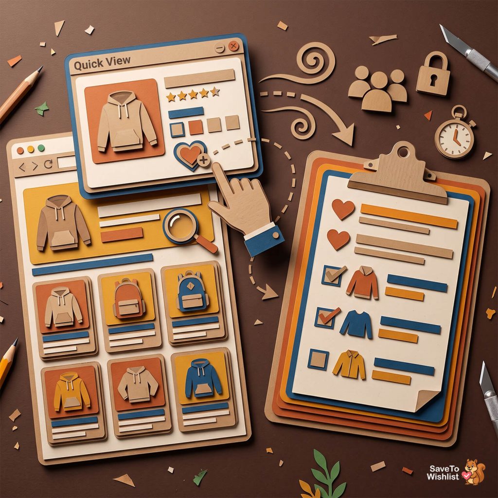 Paper-craft illustration of a WooCommerce shop grid with a Quick View window open on a hoodie, a hand clicking its heart wishlist button, and a wishlist clipboard of saved items