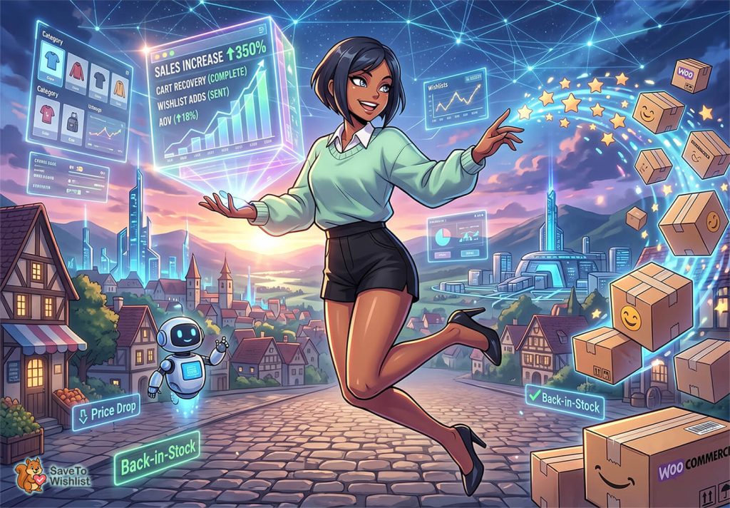 woocommerce-scarcity-marketing-filler-1 - SaveTo Wishlist A woman leaps through a futuristic city, surrounded by holographic e‑commerce dashboards showing sales growth and stock alerts for online retail.