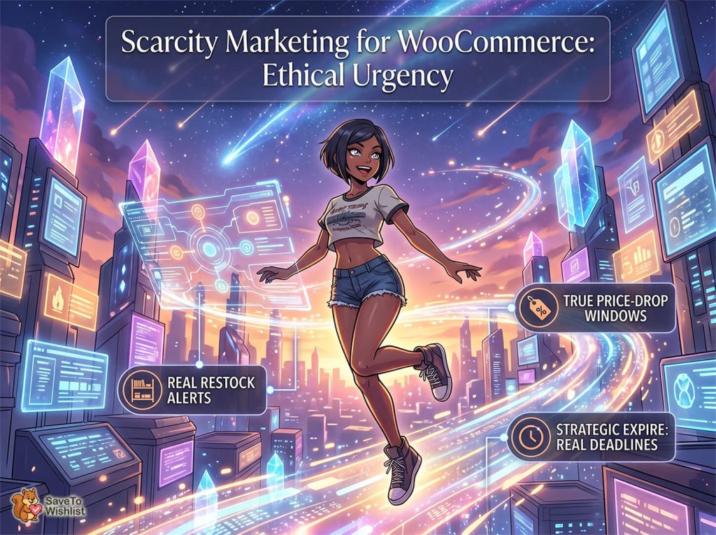 woocommerce-scarcity-marketing-filler-2 - SaveTo Wishlist Banner image: futuristic cityscape with a cheerful woman surfing on light trails; title reads'Scarcity Marketing for WooCommerce: Ethical Urgency' and callouts show 'Real Restock Alerts', 'True Price-Drop Windows', and 'Strategic Expire: Real Deadlines'.