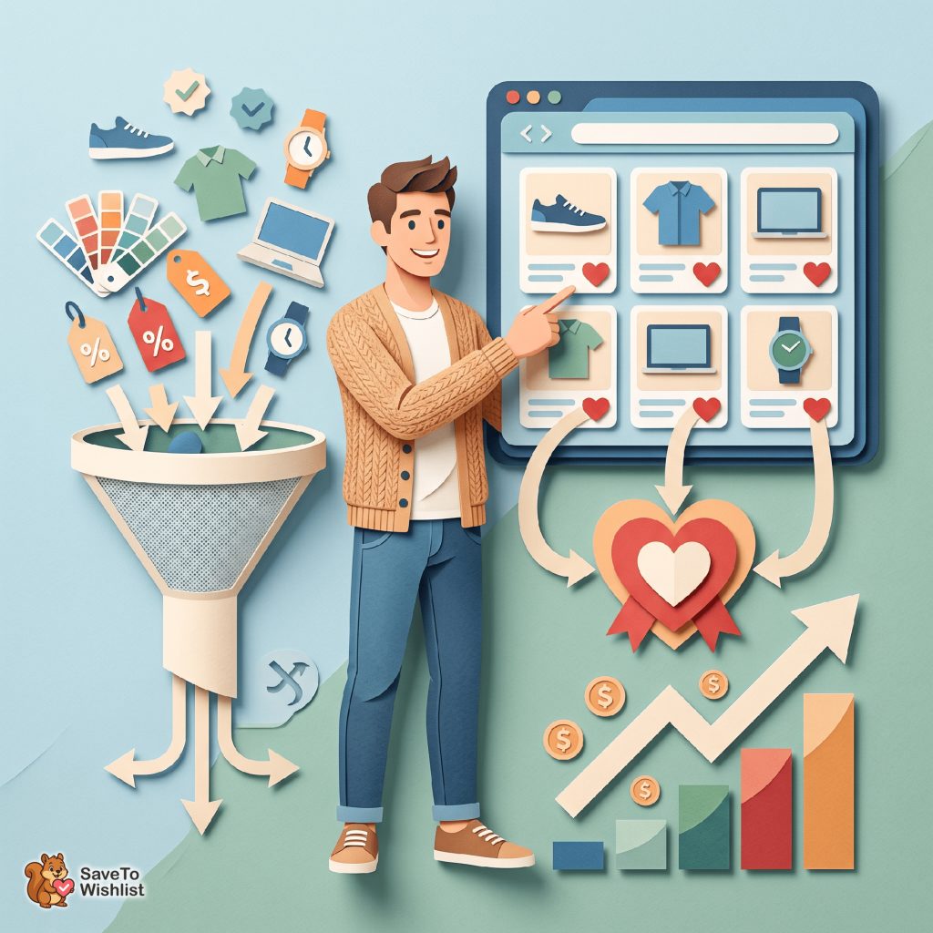 woocommerce-search-filter-wishlist-buttons-filler - SaveTo Wishlist Un homme en dessin animé organise des articles en ligne sur un grand tableau de bord de magasin avec des cartes de vêtements, d’accessoires et de technologie et un logo « SaveToWishlist » dans le coin.