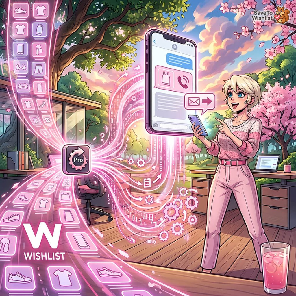 woocommerce-sms-marketing-wishlist-filler - SaveTo Wishlist Woman using a pink holographic shopping interface on a sunny outdoor deck, linking laptop, phone, and a wishlist app for cross‑device shopping.