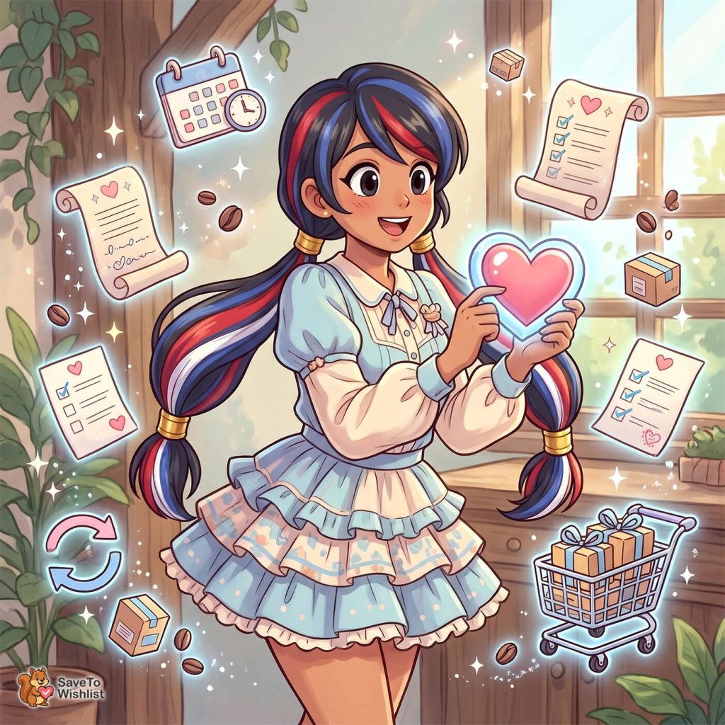 woocommerce-subscription-wishlist-filler-2 - SaveTo Wishlist A girl with colorful hair holds a glowing heart, surrounded by wishlist papers, gifts, and a shopping cart in a cozy room, signaling a wishlist moment.