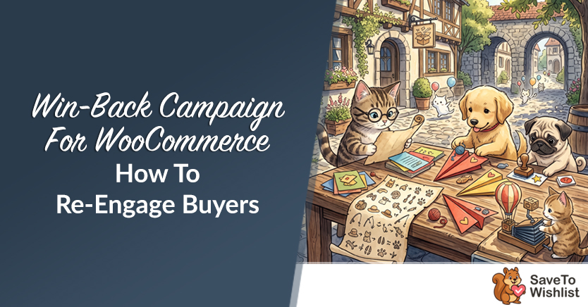 Banner for a WooCommerce win-back guide: a drafting table with cats and dogs planning marketing materials beside a village street; SaveToWishlist logo visible in corner.