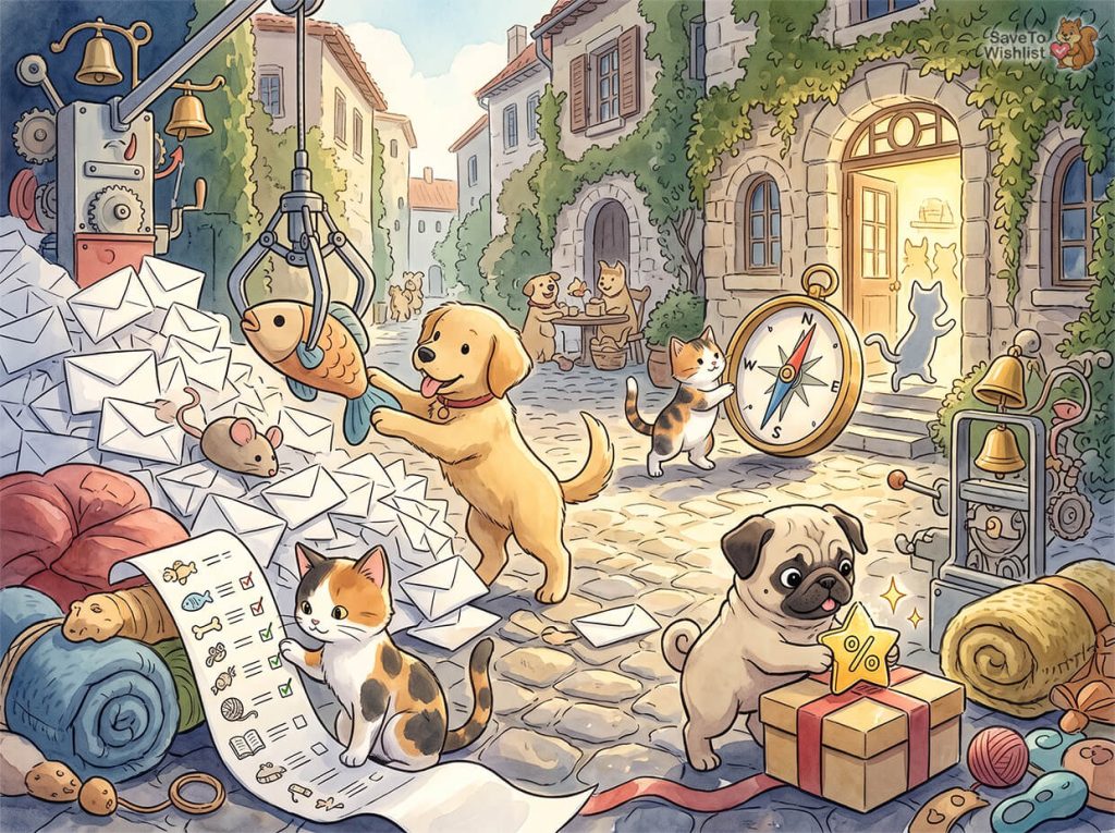 Whimsical illustration of dogs and cats organizing emails, wishlists, and discount gifts for a WooCommerce win-back campaign.