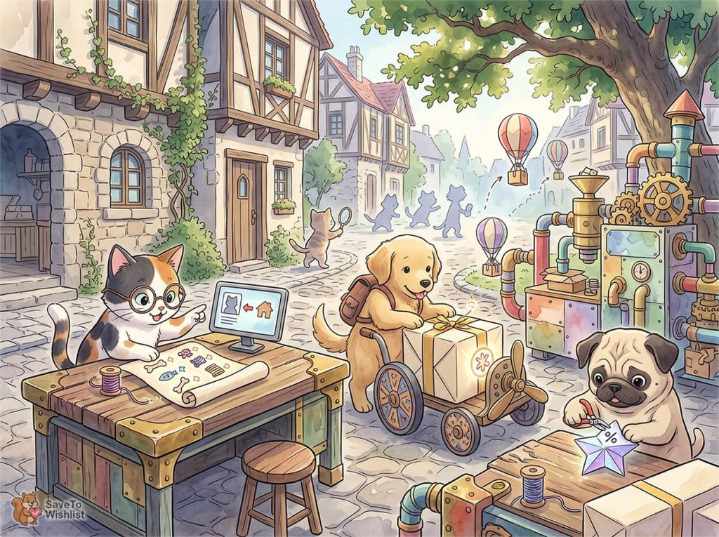 Whimsical village workshop: a cat at a workbench, a puppy with a gift cart, and a pug decorating a star ornament.