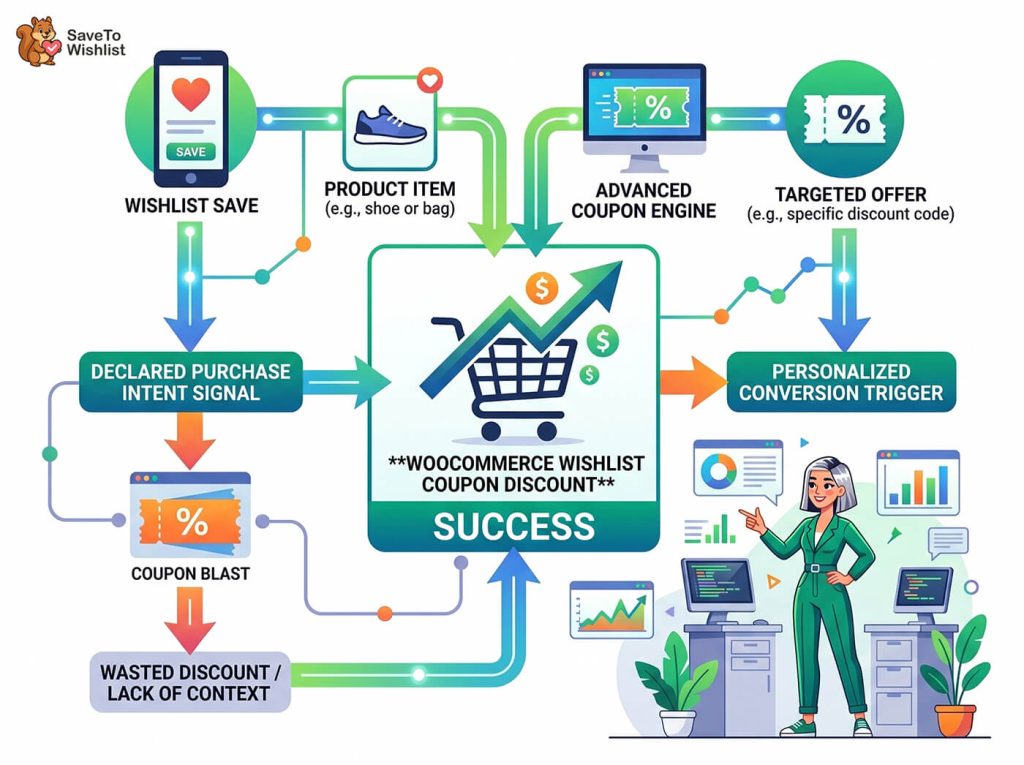Infographic showing a wishlist-to-conversion workflow: saved product triggers coupon engine and targeted offer, generating personalized discounts and successful WooCommerce purchases.