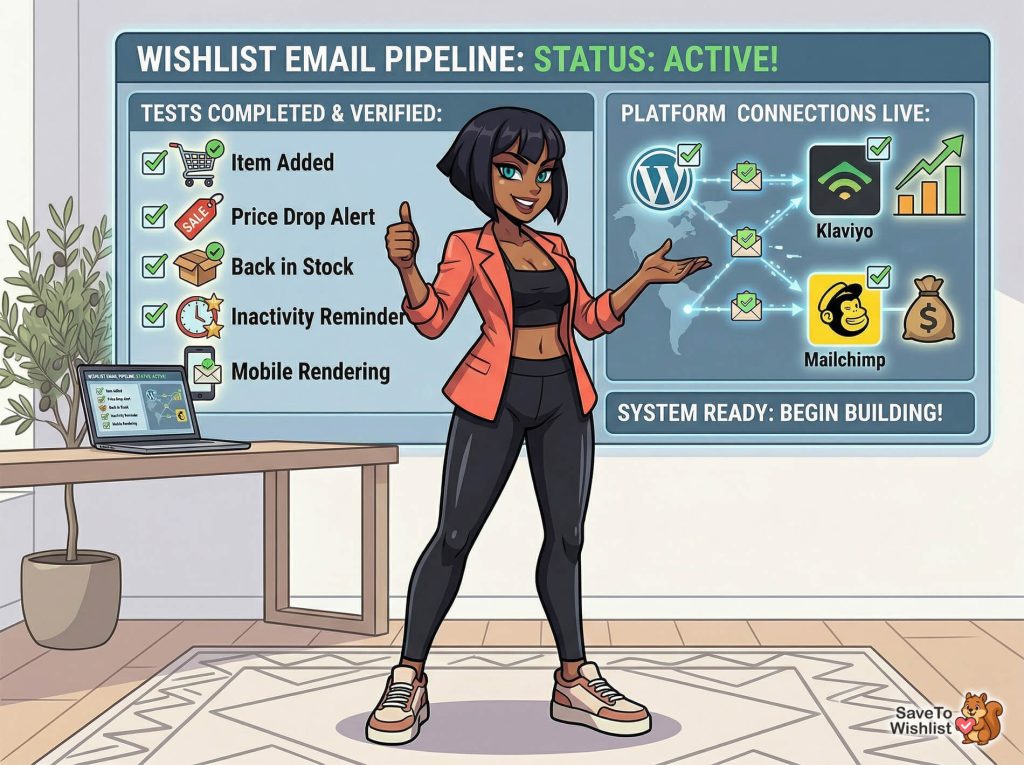 woocommerce-wishlist-email-marketing-pipeline - SaveTo Wishlist Confident woman presenter gives thumbs-up beside a large 'Wishlist Email Pipeline: Status Active' board showing completed tests and platform integrations.