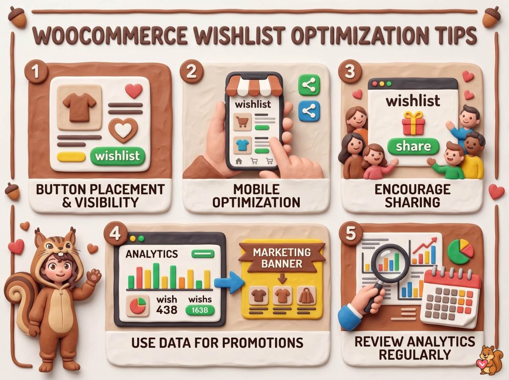 Colorful clay-style infographic illustrating WooCommerce wishlist optimization tips — button placement, mobile optimization, sharing, analytics, marketing banners, and data-driven promotions.