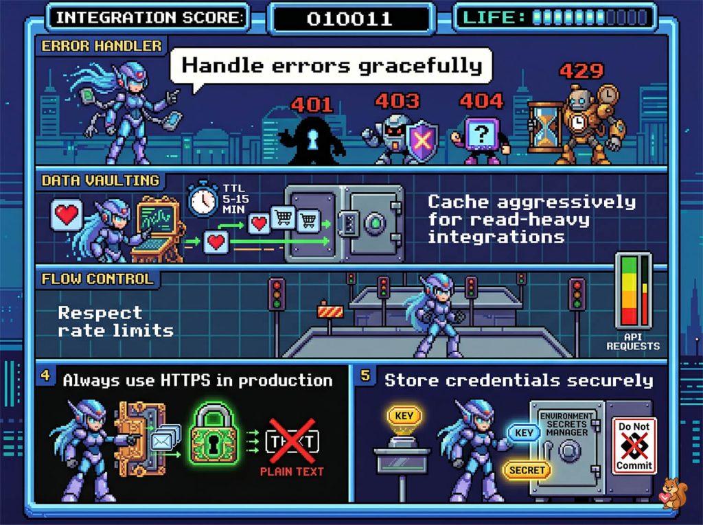 Pixel-art infographic showing secure coding lessons:'Handle errors gracefully', data vaulting, flow control, and HTTPS best practices.