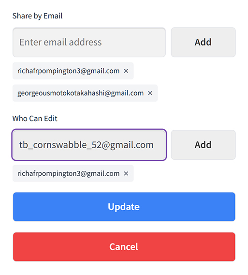 woocommerce-wishlist-sharing-and-permissions-513 - SaveTo Wishlist Share-by-email dialog showing multiple recipient email addresses and an editable Who Can Edit field, with prominent Update and Cancel buttons.