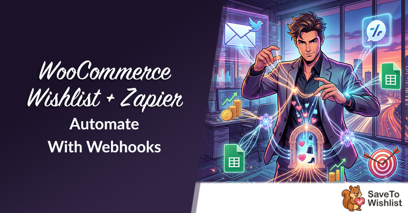 Hero banner: 'WooCommerce Wishlist + Zapier Automate With Webhooks' with a man manipulating glowing app icons; SaveToWishlist logo.