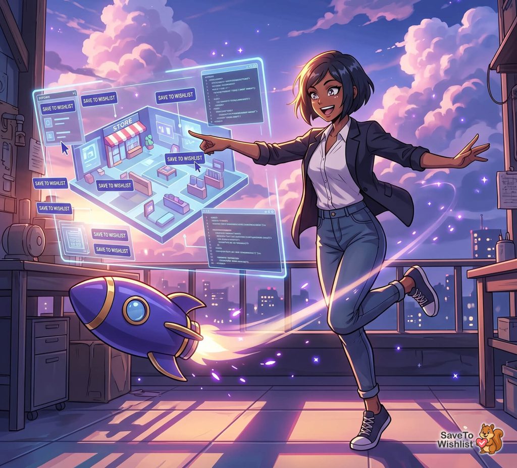 woostify-wishlist-buttons-woocommerce-filler-01 - SaveTo Wishlist Young woman in a blazer taps a holographic shopping interface labeled Save to Wishlist over a city rooftop setting.