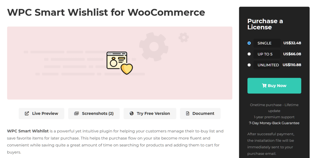 wpc-smart-wishlist-for-woocommerce-homepage-landing-page - SaveTo Wishlist Product page for WPC Smart Wishlist for WooCommerce plugin shows header, large illustration, pricing options in dark sidebar, and prominent green 'Buy Now' button.