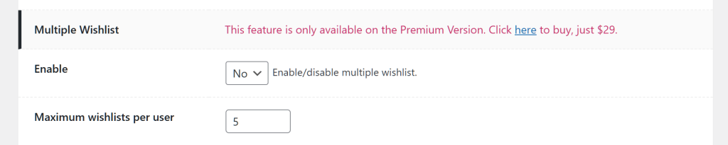 wpc-smart-wishlist-for-woocommerce-multiple-wishlists-paid - SaveTo Wishlist Admin settings panel showing 'Multiple Wishlist' disabled, premium upgrade notice across top, and maximum wishlists per user set to five.