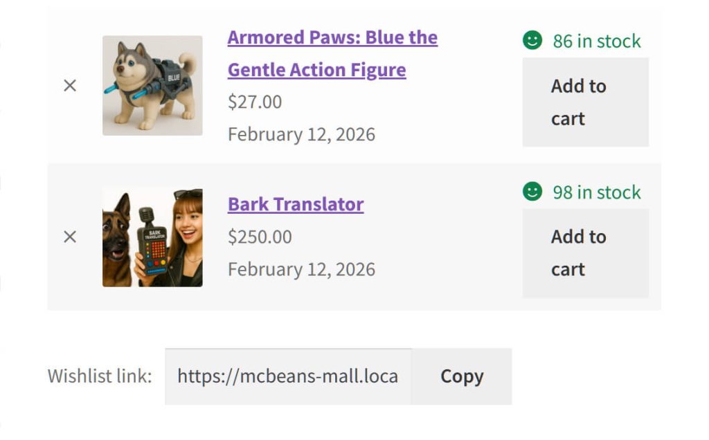 wpc-smart-wishlist-for-woocommerce-wishlist-page - SaveTo Wishlist Gemini said The WPC Smart Wishlist page showing a list of saved products with product details, stock status, and add to cart buttons, along with a copyable wishlist link at the bottom.