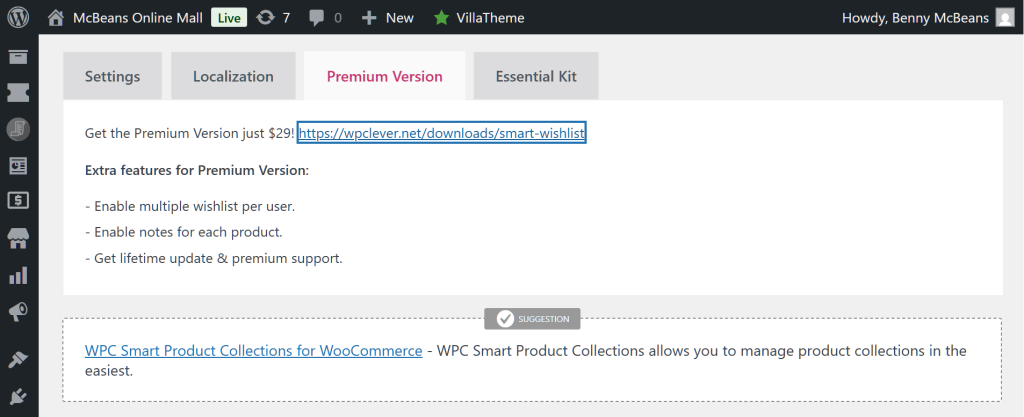 wpc-smart-wishlist-premium-version-recommendation - SaveTo Wishlist WordPress admin screen showing WPC Smart Wishlist 'Premium Version' tab promoting a $29 upgrade, features list and download link.