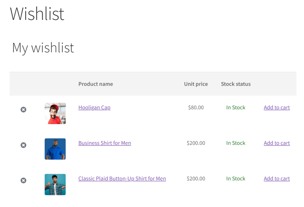 Website wishlist page showing three men's apparel items with thumbnails, product names, prices, 'In Stock' status, and 'Add to cart' links.