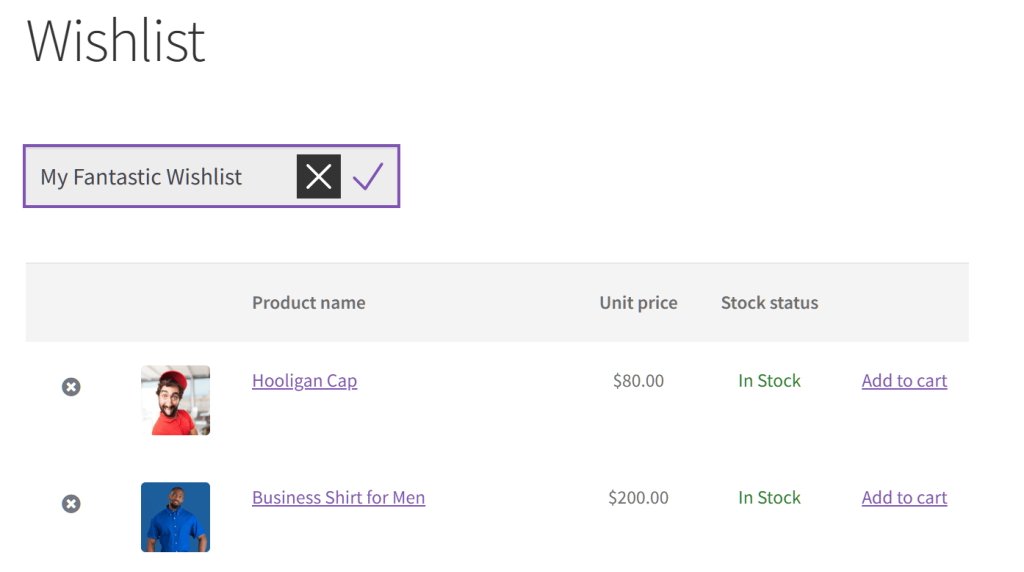 E-commerce wishlist page titled 'My Fantastic Wishlist' showing two product rows with thumbnails, names, prices, 'In Stock' status, and Add to cart links.