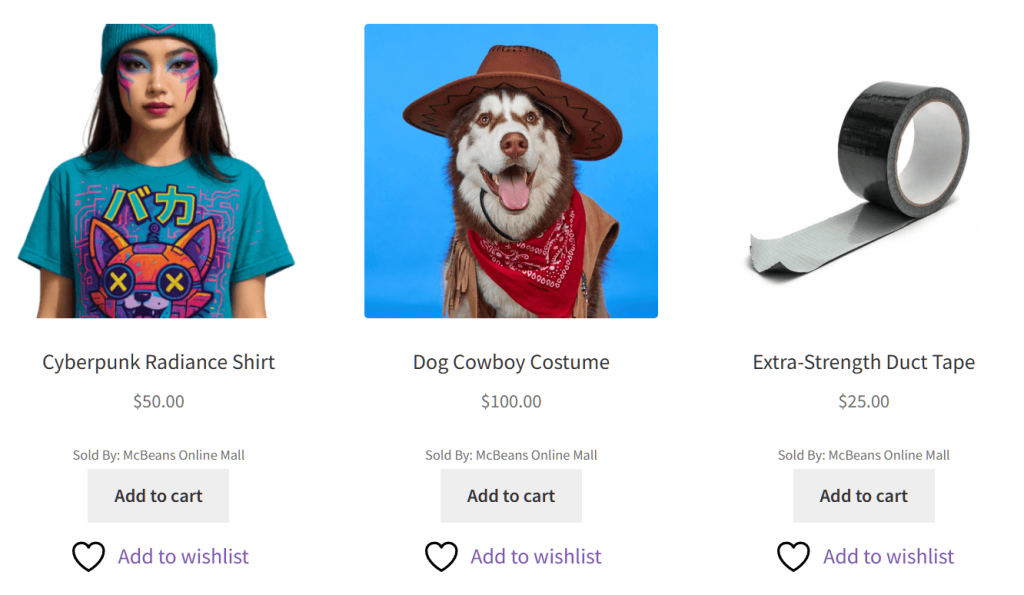yith-woocommerce-wishlist-shop-page - SaveTo Wishlist YITH WooCommerce Wishlist "Add to wishlist" buttons displayed on a WooCommerce shop page below product listings for a cyberpunk shirt, dog cowboy costume, and duct tape.