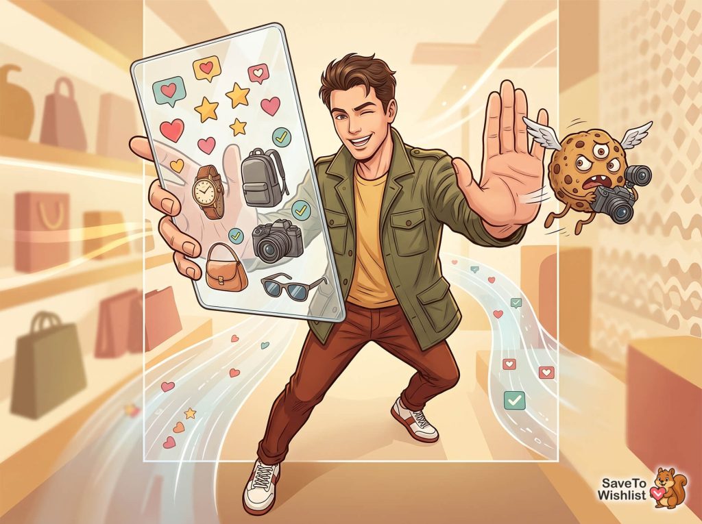 zero-party-data-ecommerce-filler - SaveTo Wishlist Man in a store holds a large phone showing wishlist items (watch, backpack, camera, sunglasses) with hearts and checkmarks floating around.